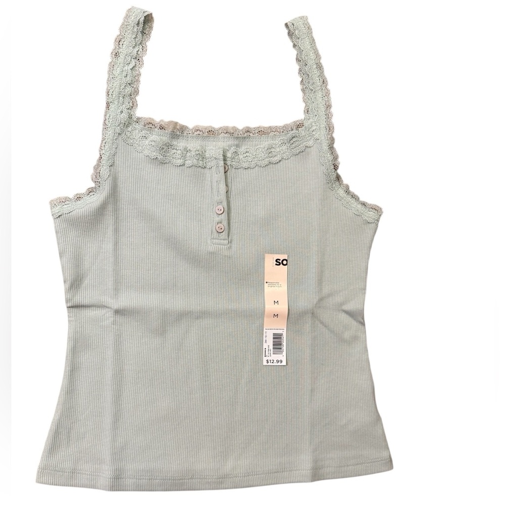 Sage green tank, ribbed, lace, buttons, square neckline, SO, Junior M